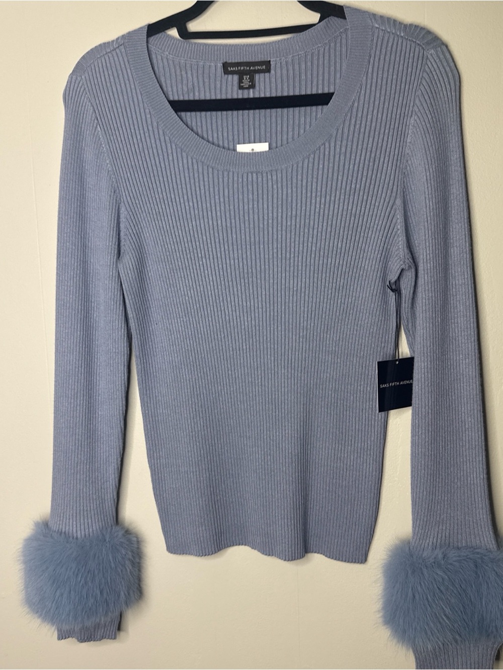 Saks Fifth Avenue Powder Blue Ribbed Sweater with Faux Fur Cuffs